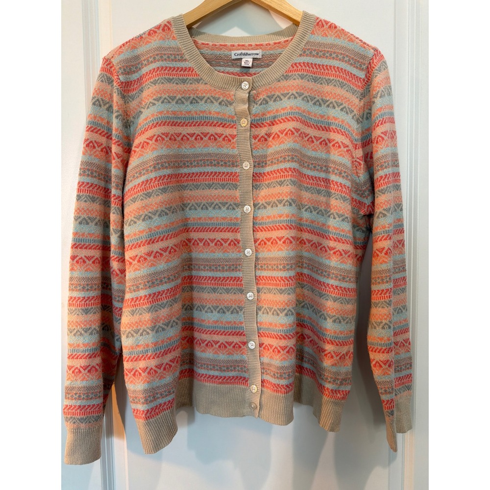 Croft & Barrow Womens XL Fair Isle Cardigan Sweater Orange Blue Geometric Knit